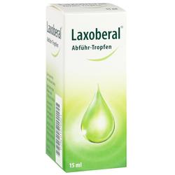 Weiße Verpackung mit grüner Aufschrift "Laxoberal Abführ-Tropfen" und einem grünen Tropfen.