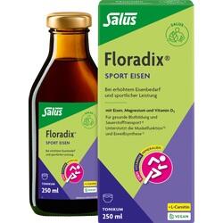 Eine Flasche und Packung mit dem Nahrungsergänzungsmittel Floradix Sport Eisen.