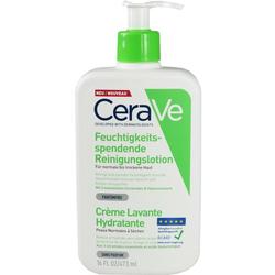 Flasche einer feuchtigkeitsspendenden CeraVe Reinigungscreme mit grünem Spender.